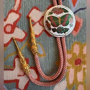 Vintage Butterfly Bolo Tie | Enamel Floral Slide